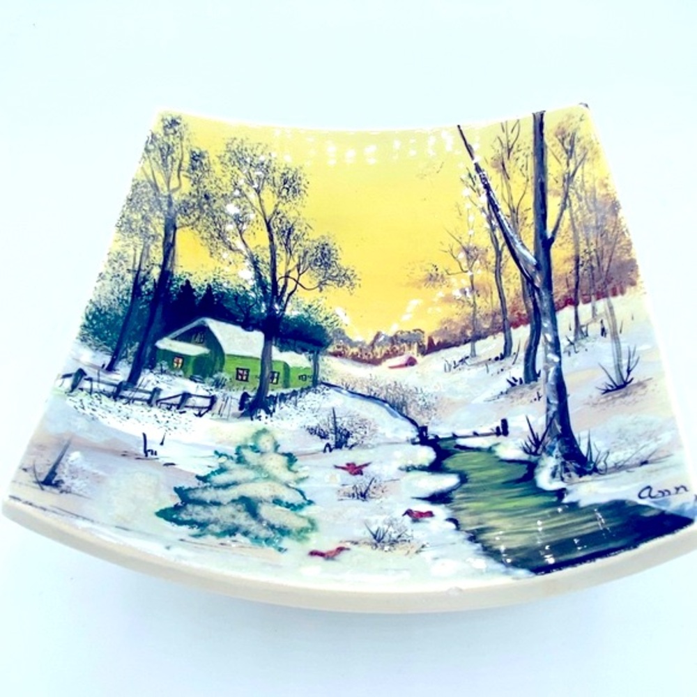 Uniquely Vintage Hand Painted Beautiful Winter Scene Porcelain Concave Bowl